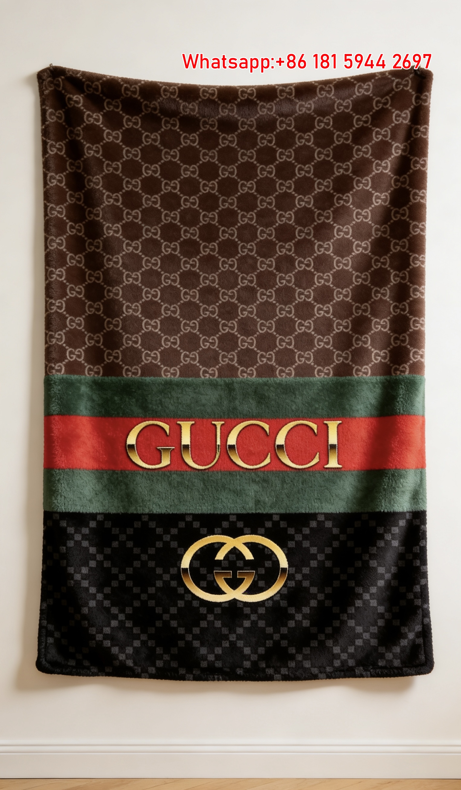 Gucci Gold Logo & GG Monogram Web Stripe Flannel Blanket throw blanket IMG_2637